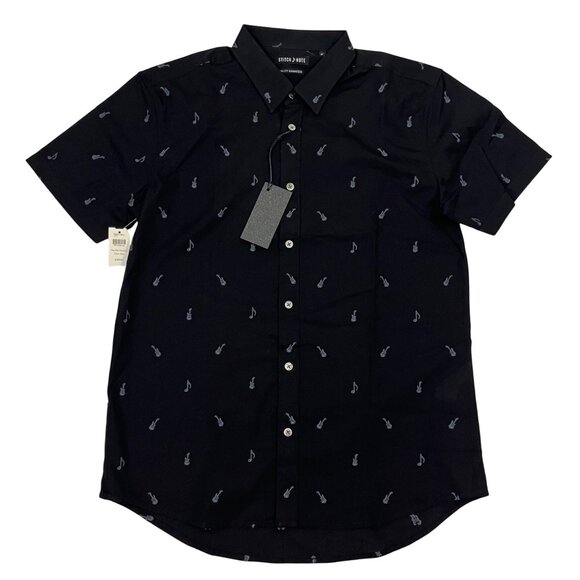 30% off! Stitch Note men's shirt M black blue guitar print short sleeve button d - Picture 1 of 8